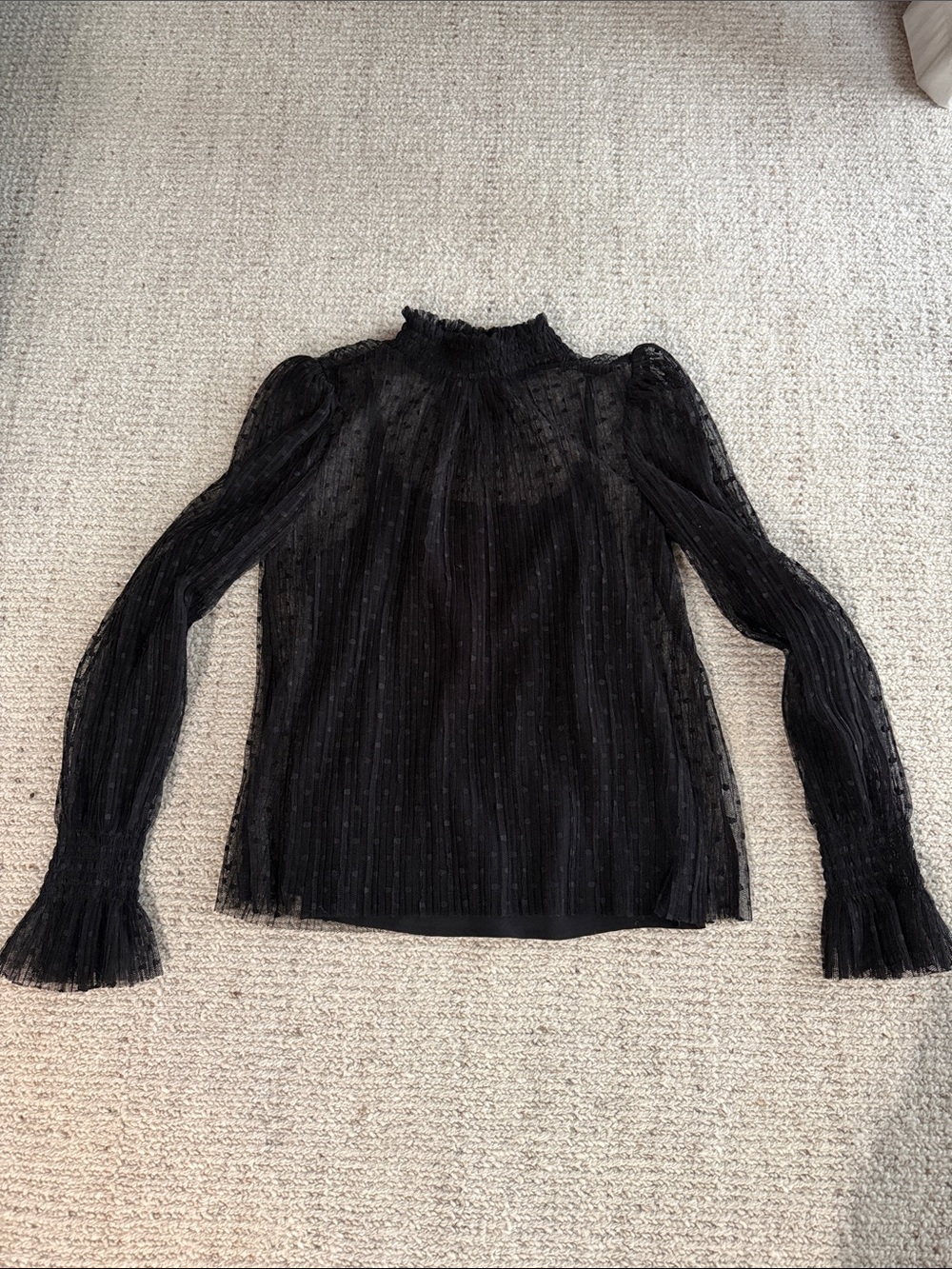 1. STATE Black Sheer Ruffle-Neck Long Sleeve Top